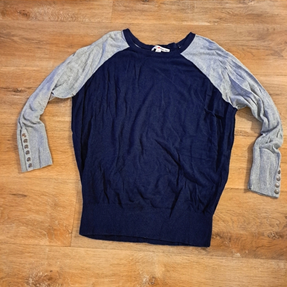 Wearing Your Heart On Your Sleeve Navy Blue & Gray Sweater Silver Buttons Size L